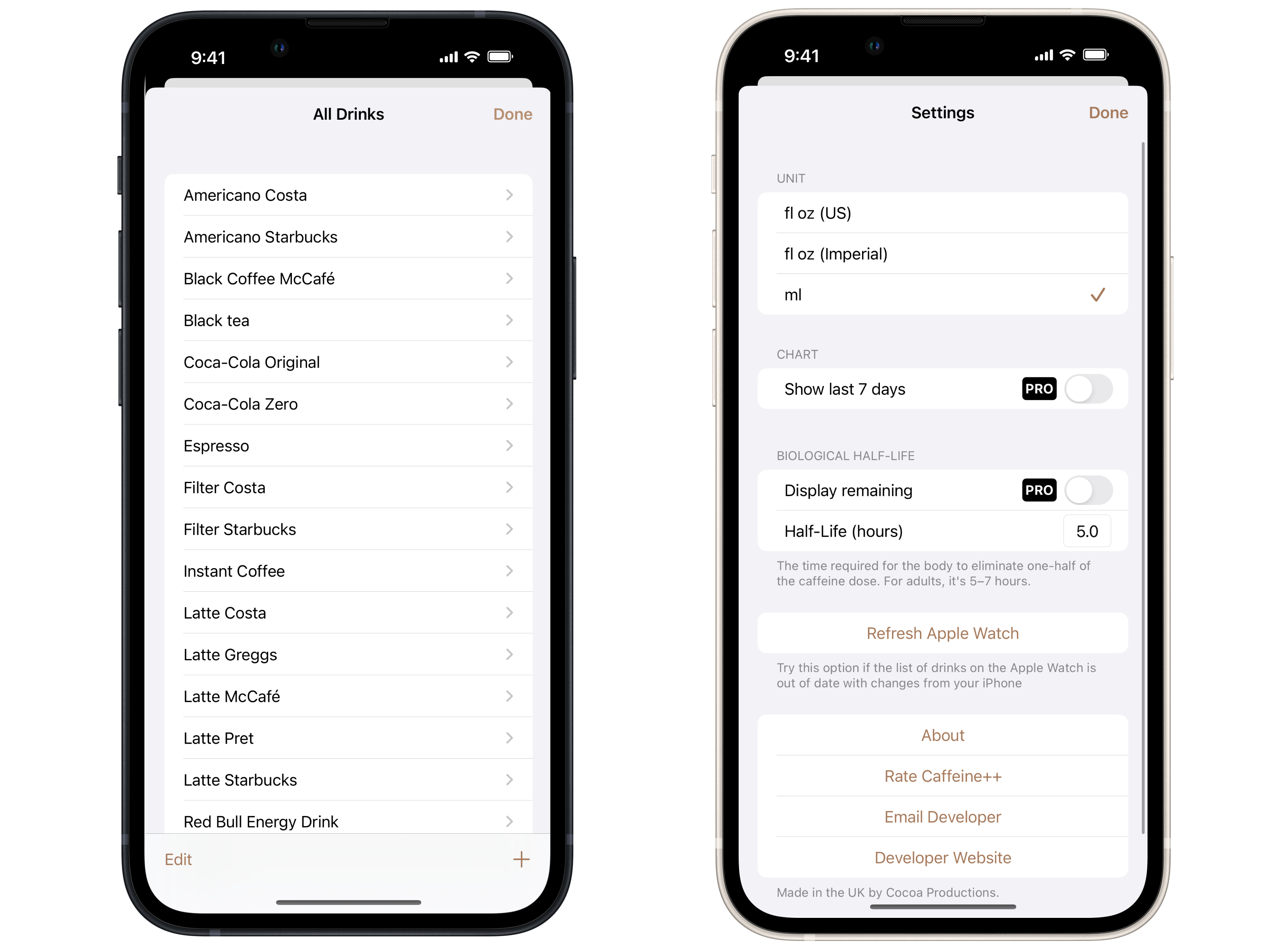 2 iPhone screens which show settings with Half-Life toggle and list of popular drinks