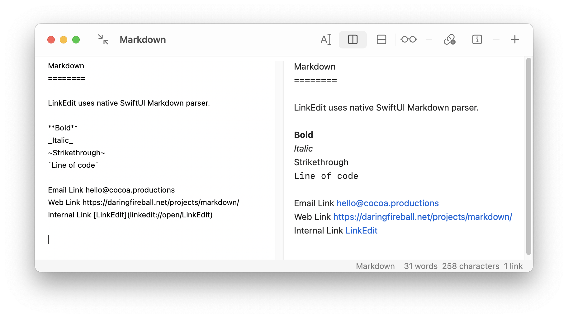 Editor window with preview on a right showing markdown features.