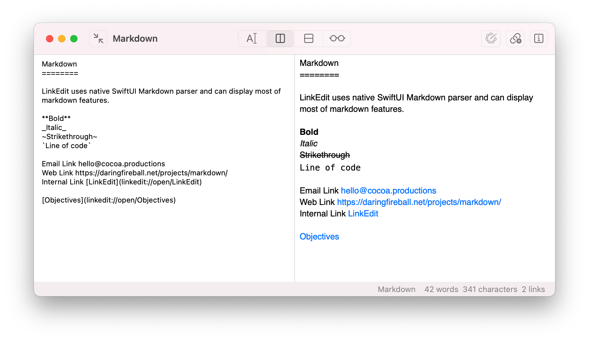 Editor window with preview on a right showing markdown features.