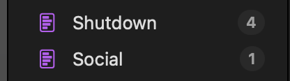 A sidebar with 2 notes which have badges, shutdown (4) and social (1)