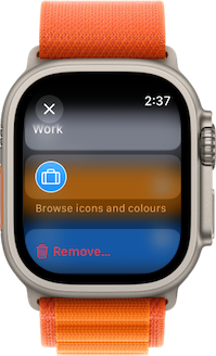 Apple Watch with modal screen on top of the groups list, 1 text field wich says work, 2 buttons - browse icons and colours and remove