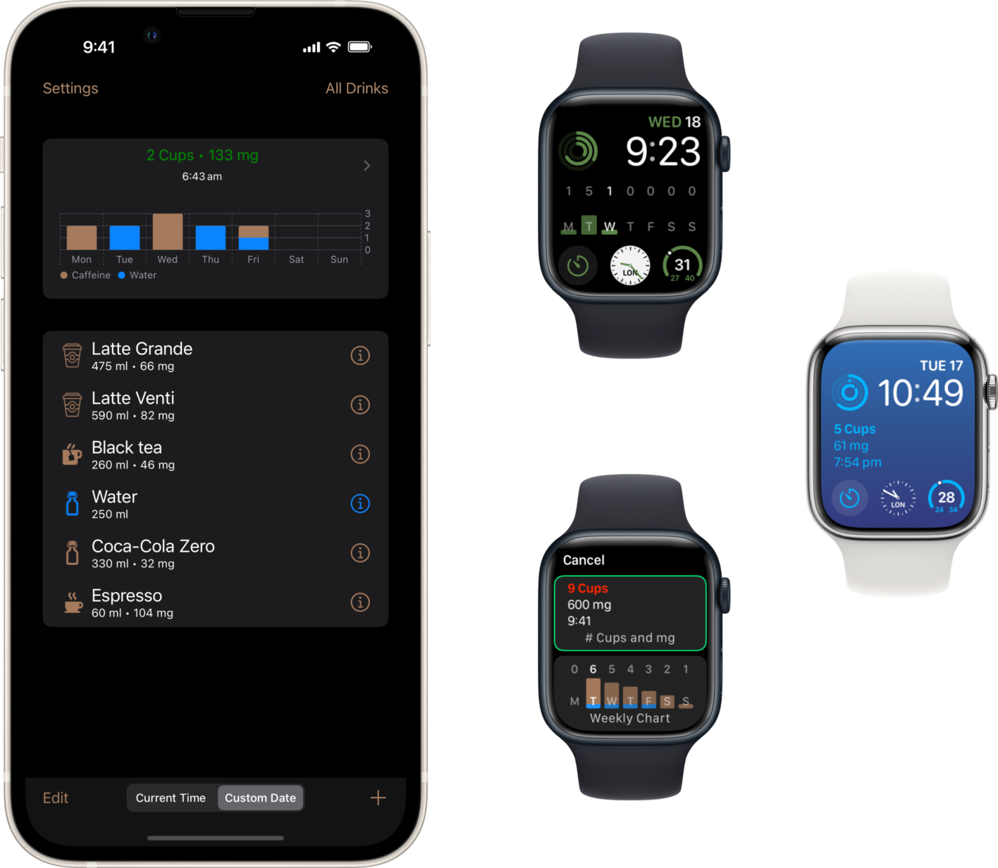 iPhone 13 mini and Apple Watch showing Caffeine++ with the Weekly Chart